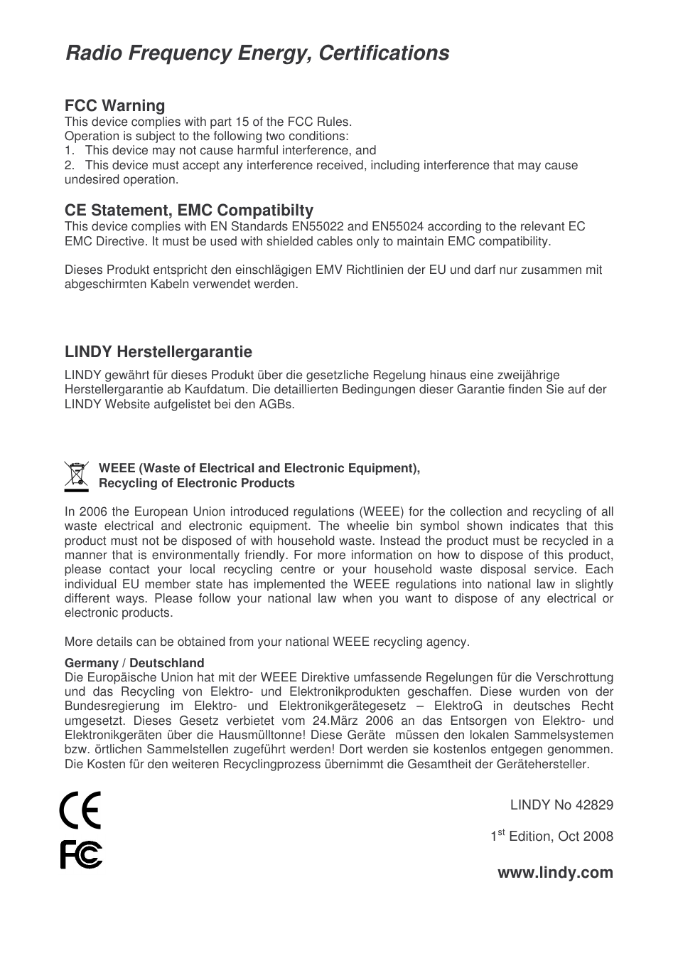 Radio frequency energy, certifications, Fcc warning, Ce statement, emc compatibilty | Lindy herstellergarantie | Lindy 42829 User Manual | Page 26 / 26