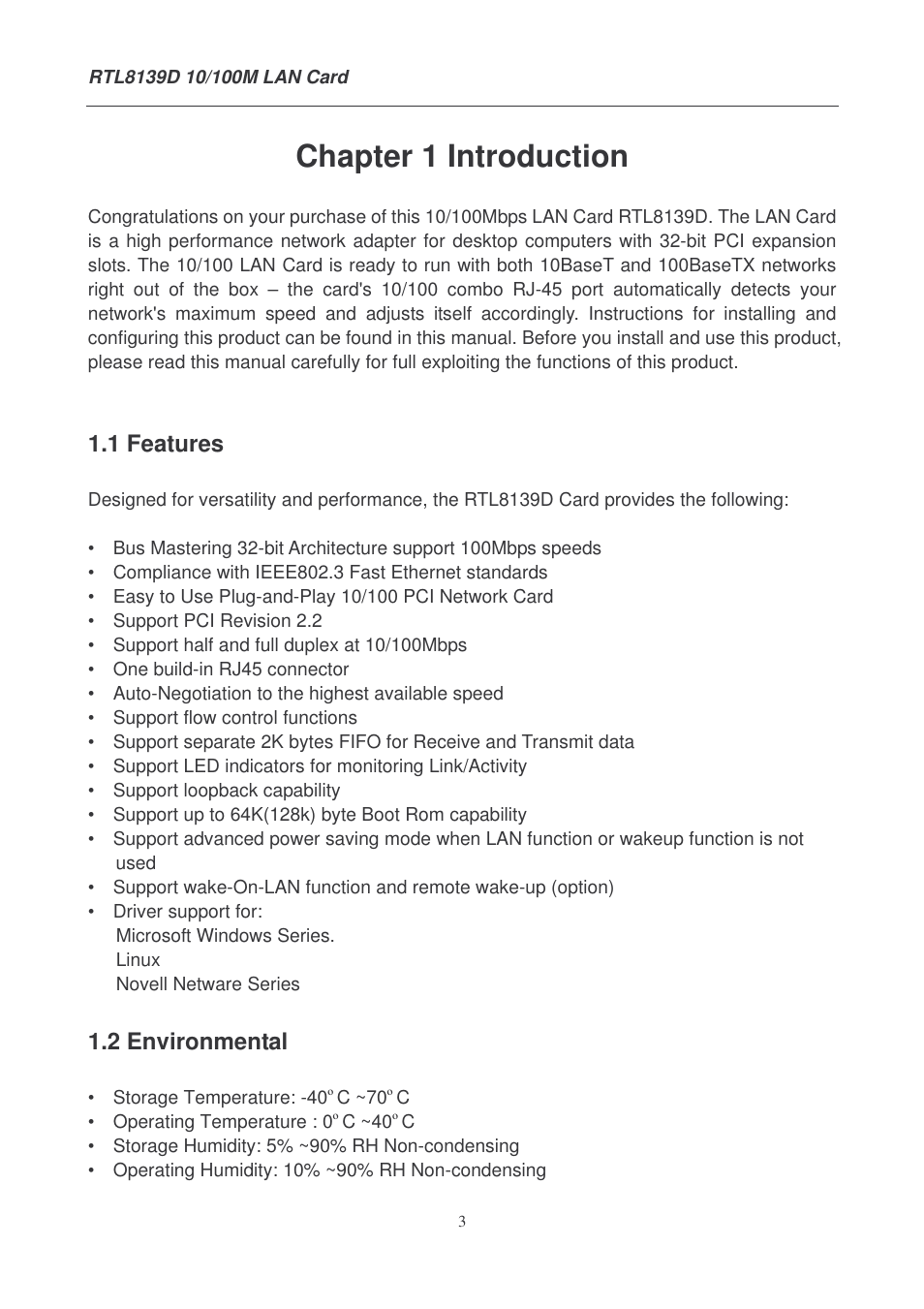 Chapter 1 introduction, 1 features, 2 environmental | Lindy 10/100M LAN Card RTL8139D User Manual | Page 3 / 7
