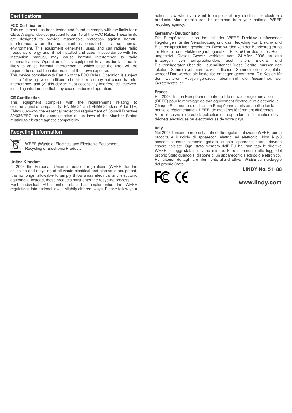 Certifications, Recycling information | Lindy 51188 User Manual | Page 2 / 2