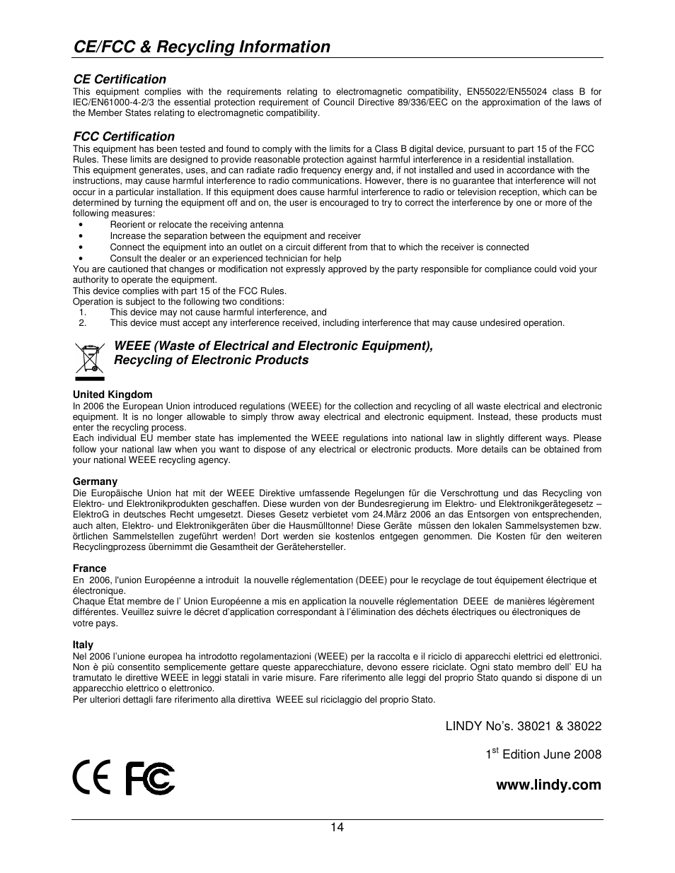 Ce/fcc & recycling information | Lindy 38021 User Manual | Page 15 / 15