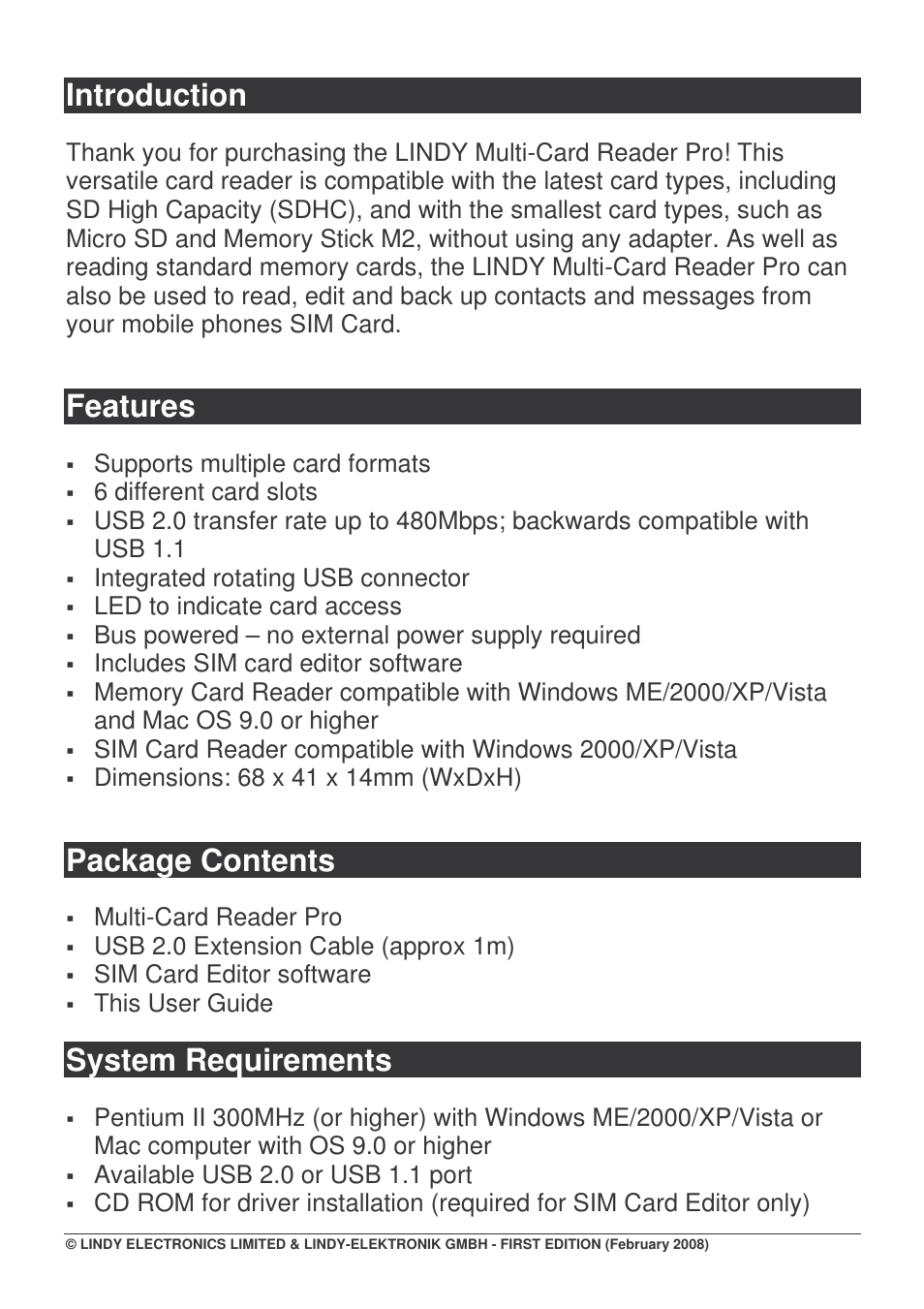 Introduction, Features, Package contents | System requirements | Lindy 42982V0 User Manual | Page 2 / 6