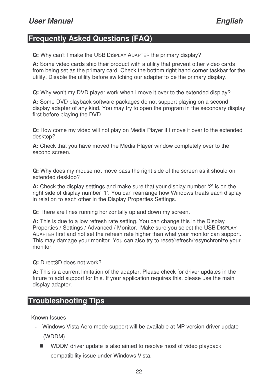 User manual english, Frequently asked questions (faq), Troubleshooting tips | Lindy 42799 User Manual | Page 22 / 25