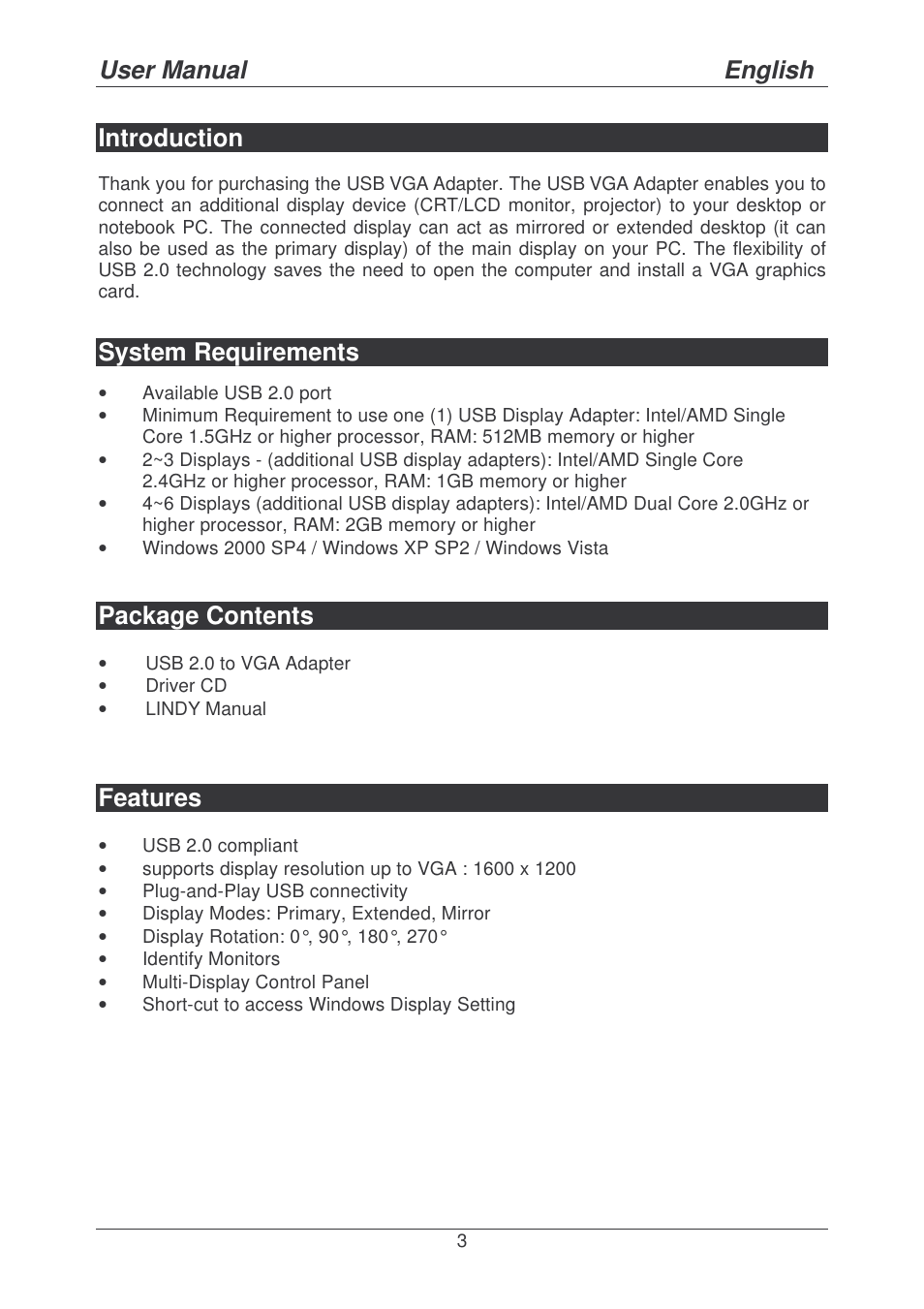 User manual english, Introduction, System requirements | Package contents, Features | Lindy 42799 User Manual | Page 3 / 25