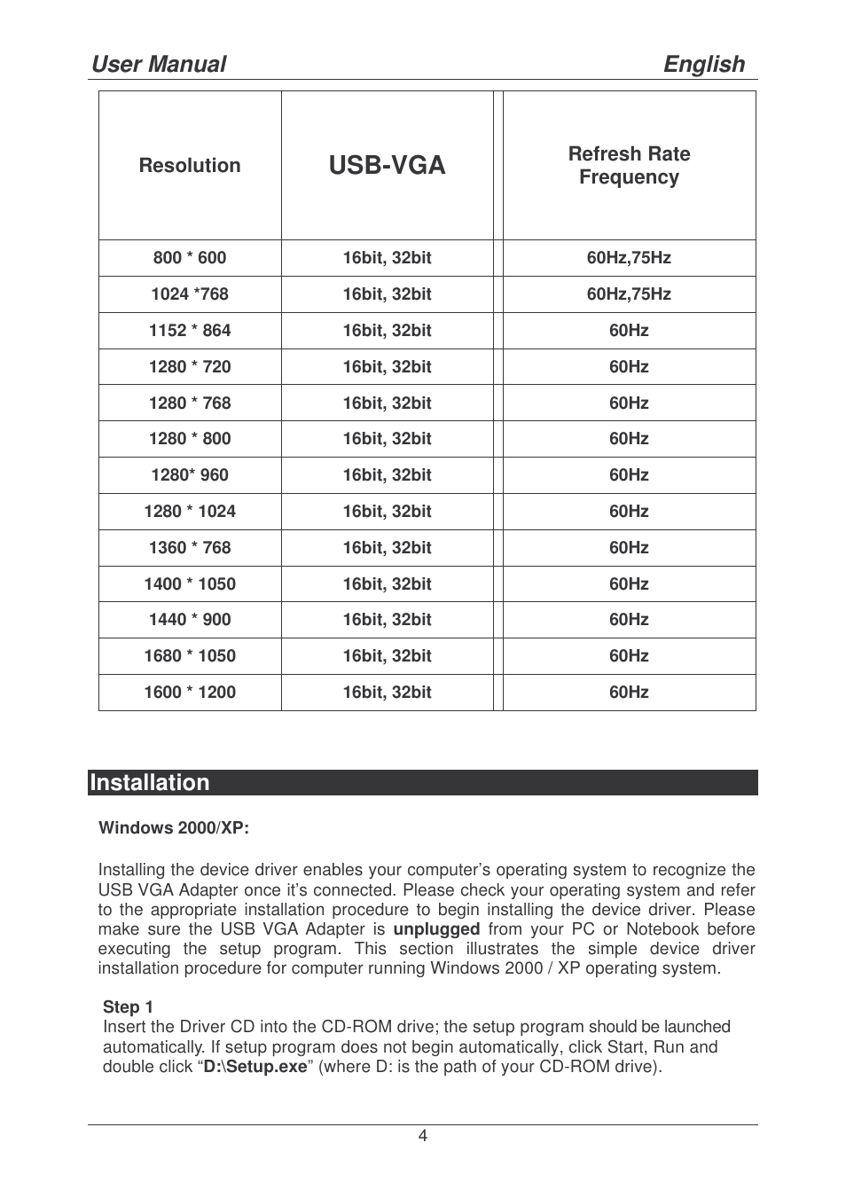 Usb-vga, User manual english, Installation | Lindy 42799 User Manual | Page 4 / 25