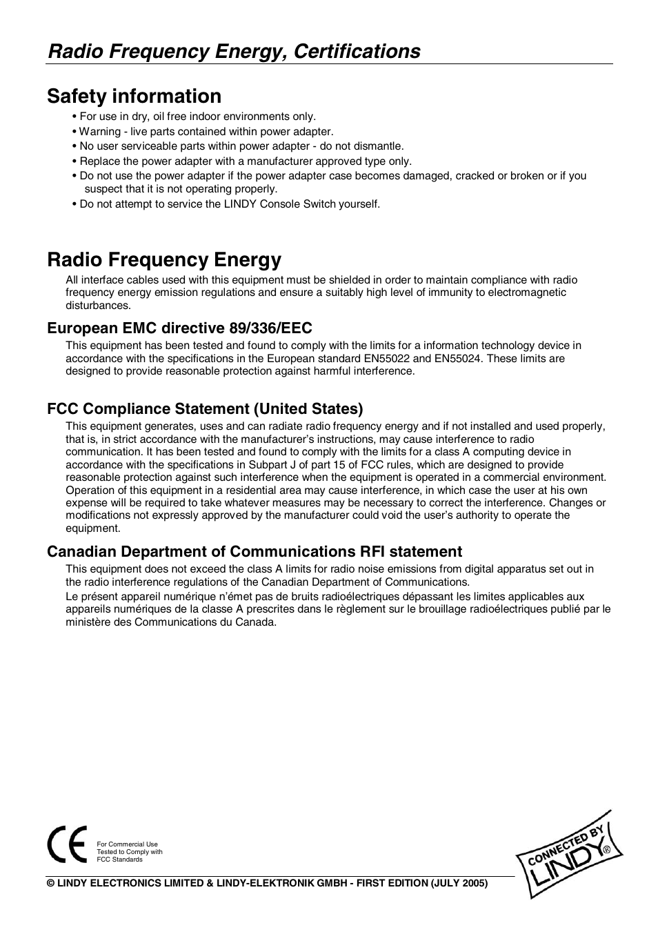 Radio frequency energy, certifications, Safety information, Radio frequency energy | Lindy No. 39123 User Manual | Page 14 / 14