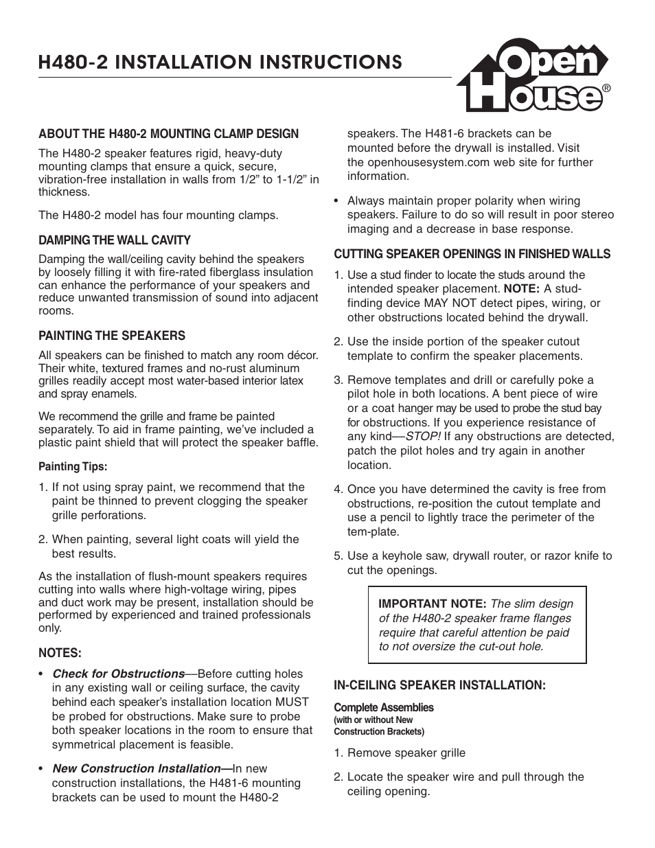 Linear OPENHOUSE H480-2 User Manual | 2 pages