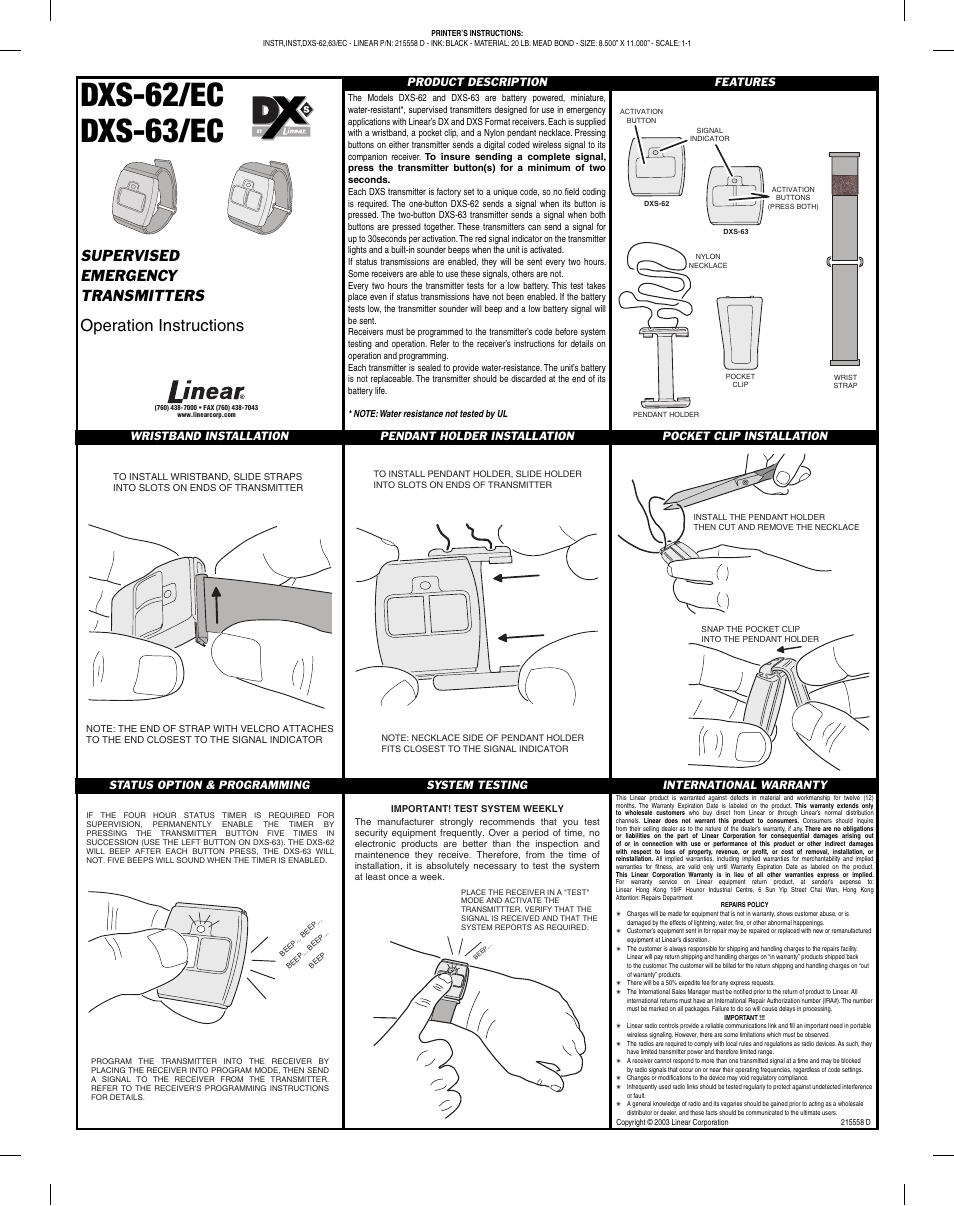Linear DXS-62/EC User Manual | 1 page