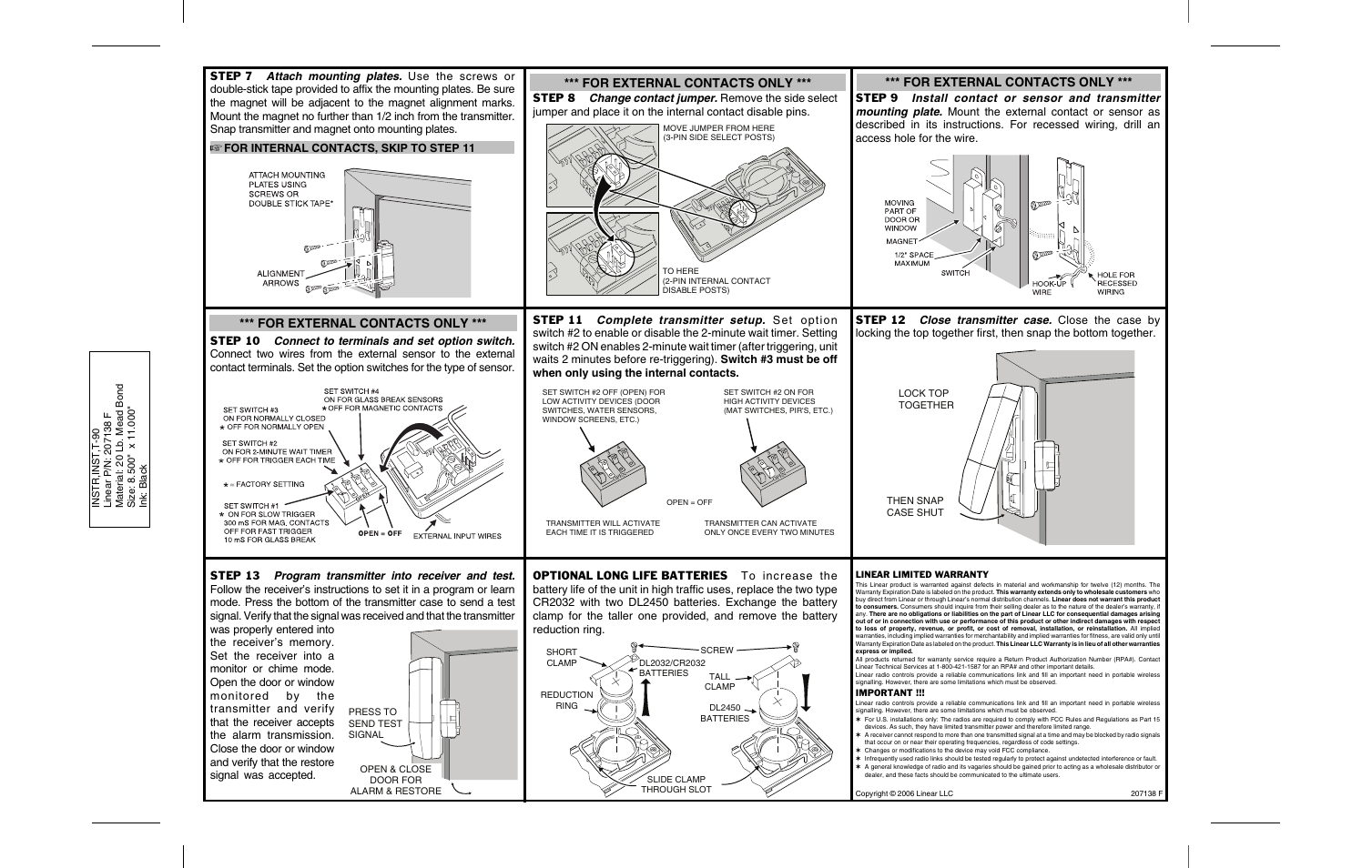 Step 7, Step 8, Step 9 | Step 10, Step 11, Step 12, Step 13, Optional long life batteries, For external contacts only | Linear T-90 User Manual | Page 2 / 2