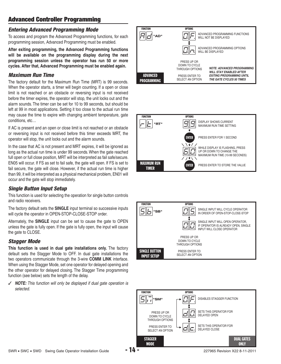 Advanced controller programming, Entering advanced programming mode, Maximum run time | Single button input setup, Stagger mode, Advanced programming, Dual gates only, Maximum run timer | Linear SWR User Manual | Page 16 / 34