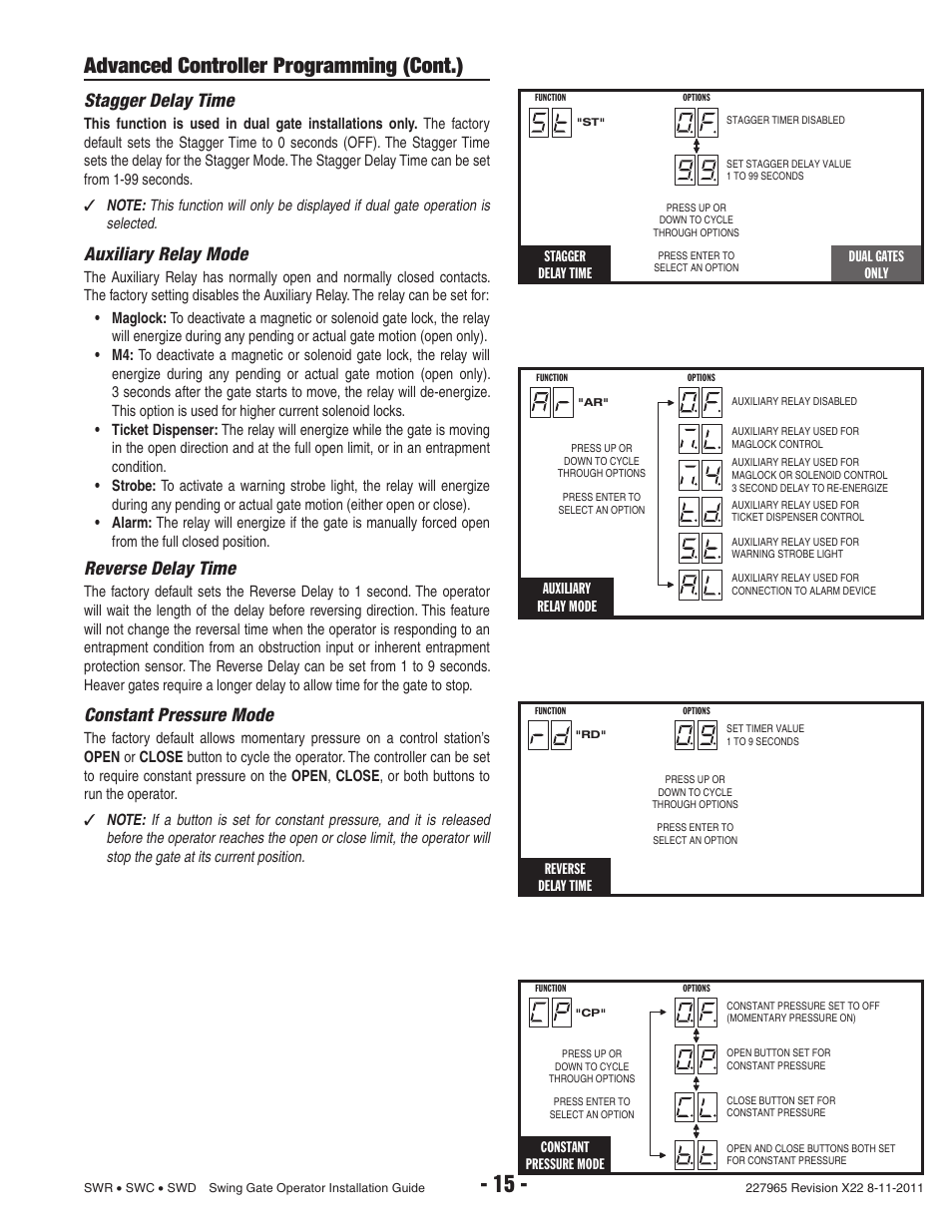 Advanced controller programming (cont.), Stagger delay time, Auxiliary relay mode | Reverse delay time, Constant pressure mode | Linear SWR User Manual | Page 17 / 34
