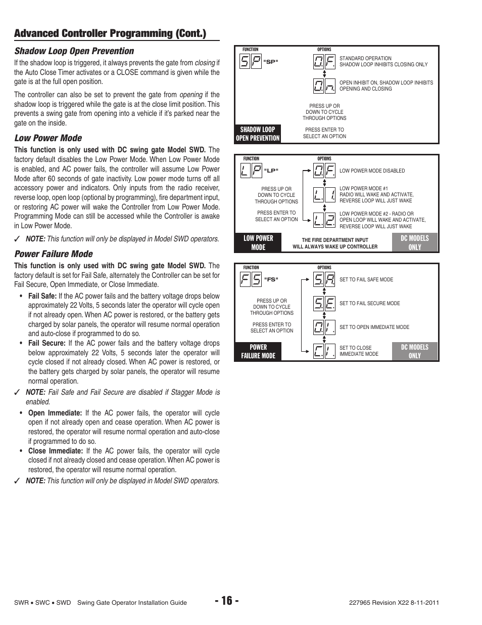 Advanced controller programming (cont.), Shadow loop open prevention, Low power mode | Power failure mode | Linear SWR User Manual | Page 18 / 34
