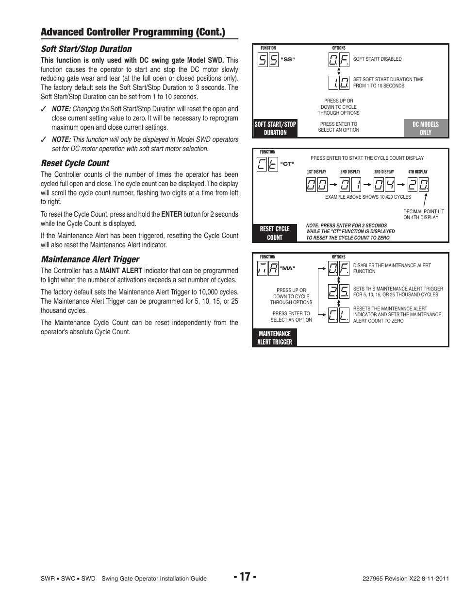 Advanced controller programming (cont.), Soft start/stop duration, Reset cycle count | Maintenance alert trigger | Linear SWR User Manual | Page 19 / 34