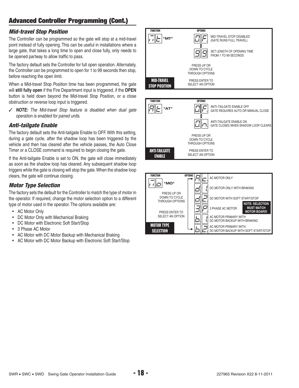 Advanced controller programming (cont.), Mid-travel stop position, Anti-tailgate enable | Motor type selection | Linear SWR User Manual | Page 20 / 34