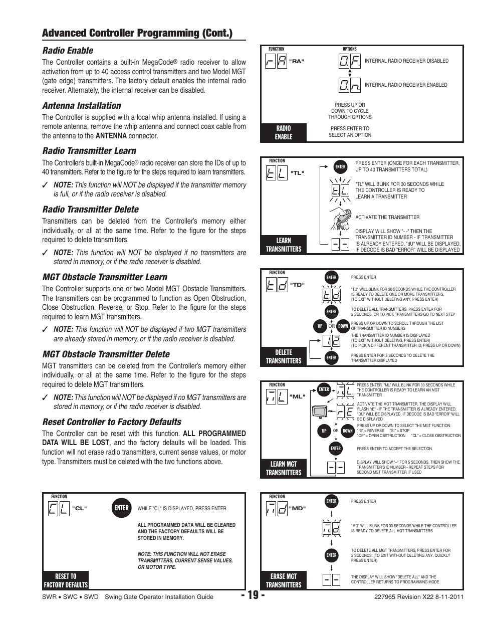 Advanced controller programming (cont.), Radio enable, Antenna installation | Radio transmitter learn, Radio transmitter delete, Mgt obstacle transmitter learn, Mgt obstacle transmitter delete, Reset controller to factory defaults, Erase mgt transmitters, Delete transmitters | Linear SWR User Manual | Page 21 / 34