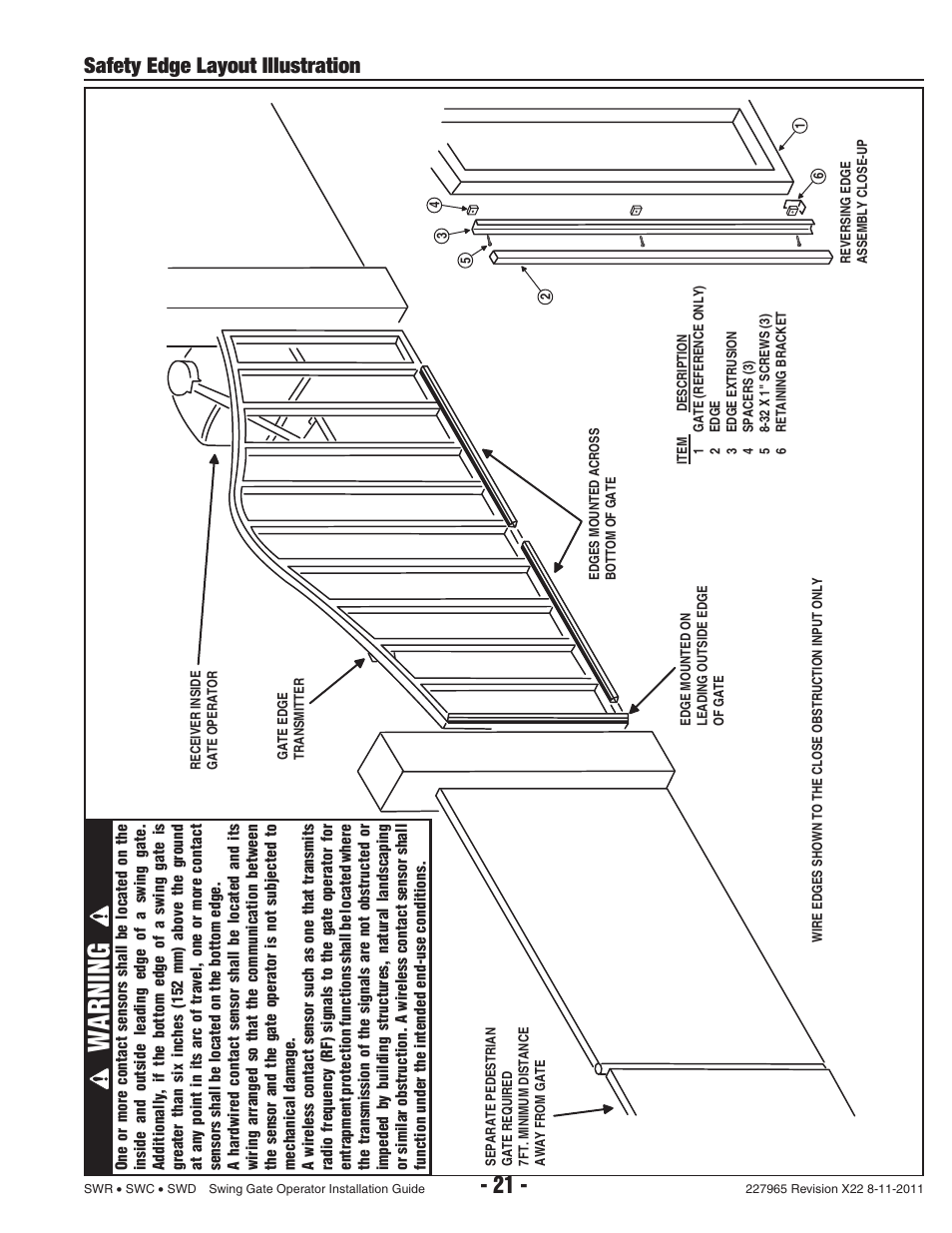 Warning, Safety edge layout illustration | Linear SWR User Manual | Page 23 / 34