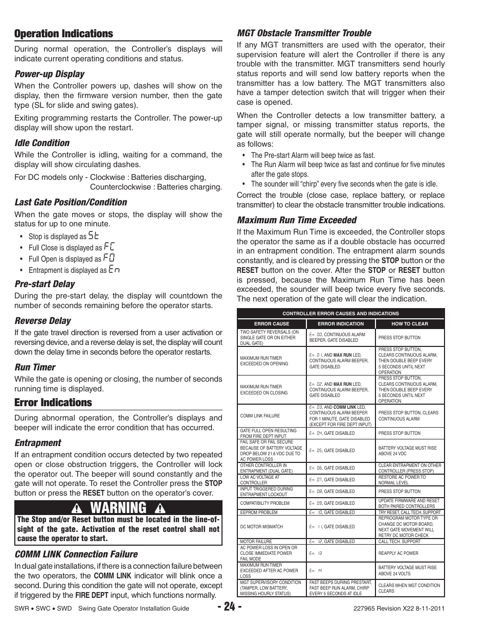 Warning, Operation indications, Error indications | Power-up display, Idle condition, Last gate position/condition, Pre-start delay, Reverse delay, Run timer, Entrapment | Linear SWR User Manual | Page 26 / 34