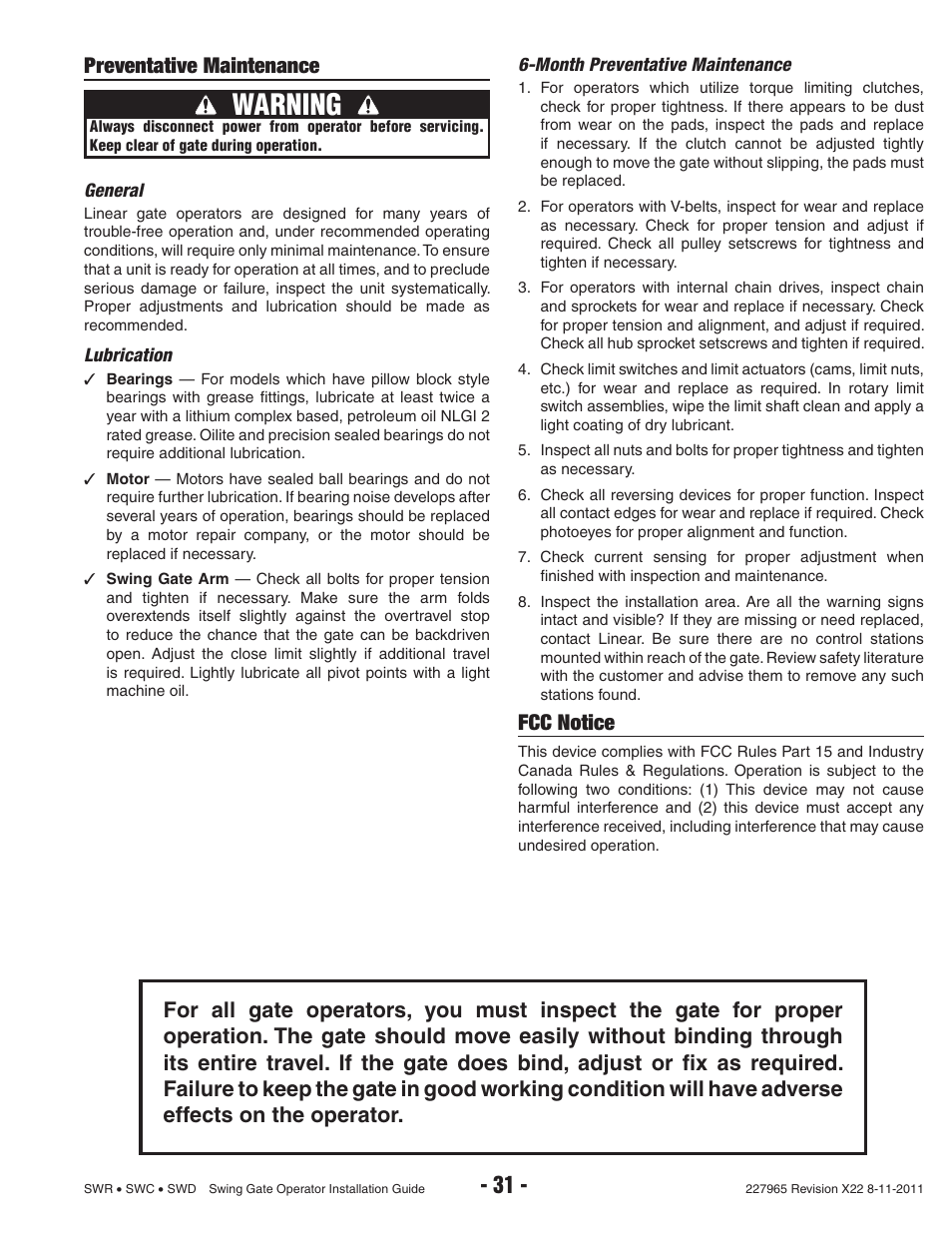 Warning, Preventative maintenance, Fcc notice | Linear SWR User Manual | Page 33 / 34