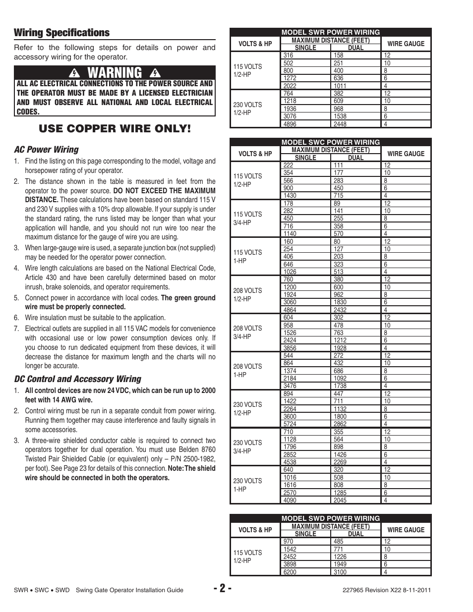 Warning, Wiring specifi cations, Use copper wire only | Ac power wiring, Dc control and accessory wiring | Linear SWR User Manual | Page 4 / 34