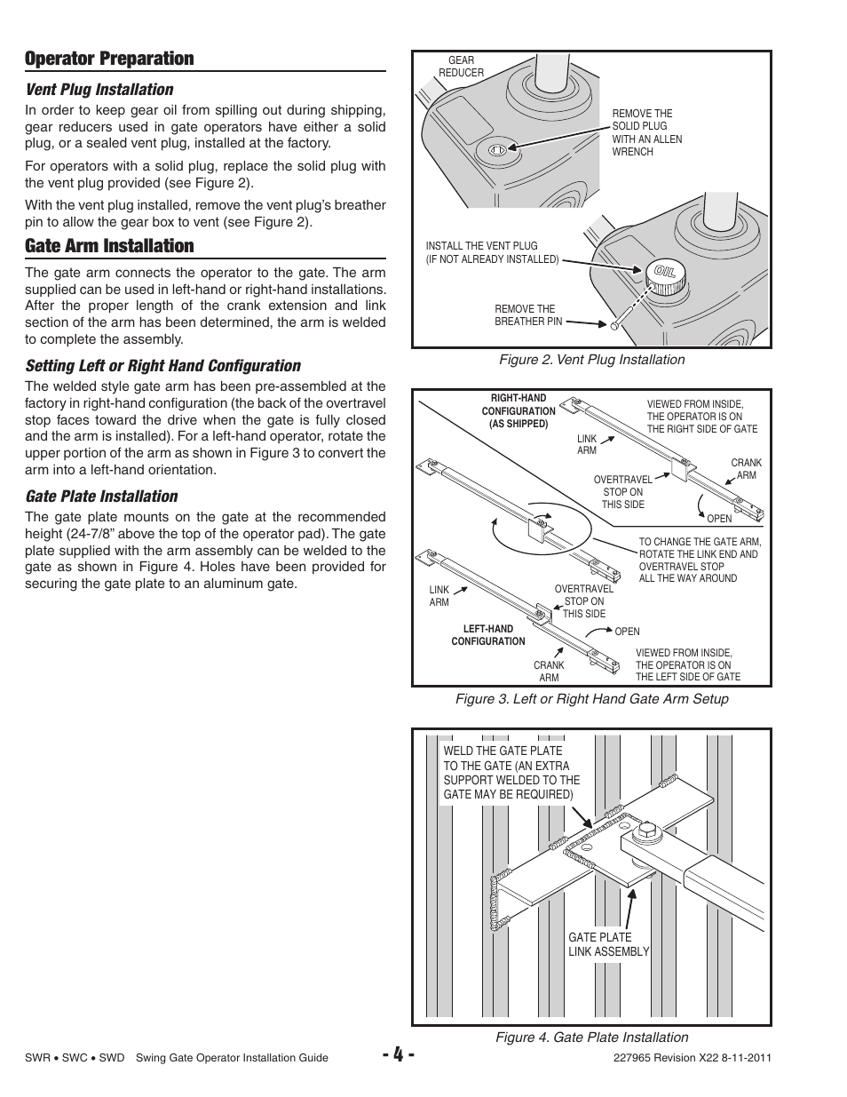 Operator preparation, Gate arm installation, Vent plug installation | Setting left or right hand confi guration, Gate plate installation | Linear SWR User Manual | Page 6 / 34