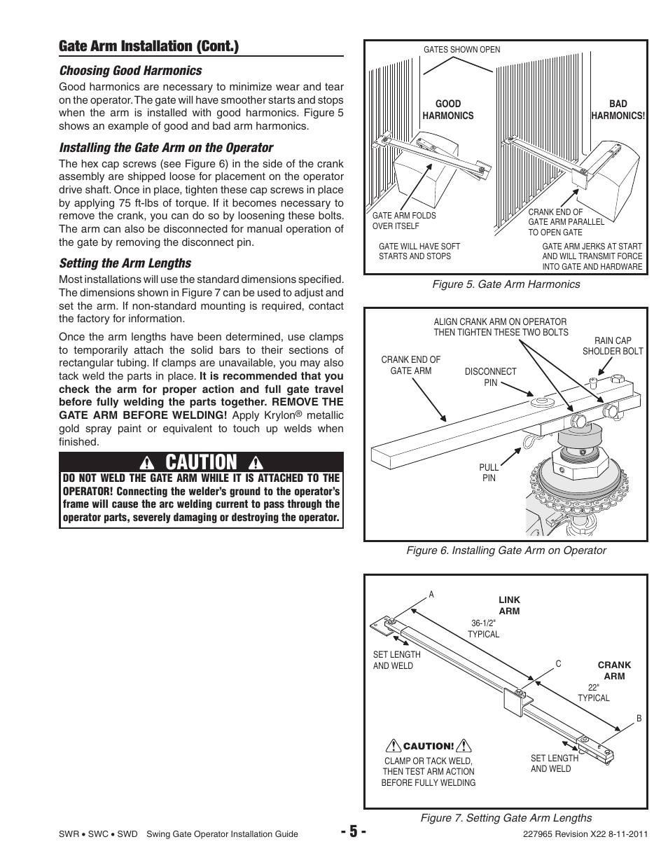 Caution, Gate arm installation (cont.), Choosing good harmonics | Installing the gate arm on the operator, Setting the arm lengths | Linear SWR User Manual | Page 7 / 34