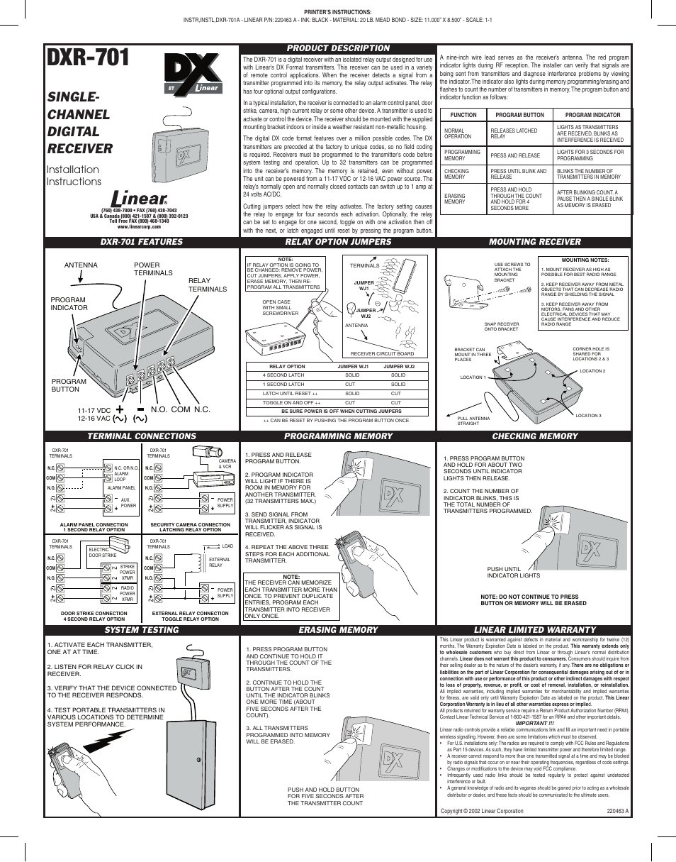 Linear DXR-701 User Manual | 1 page