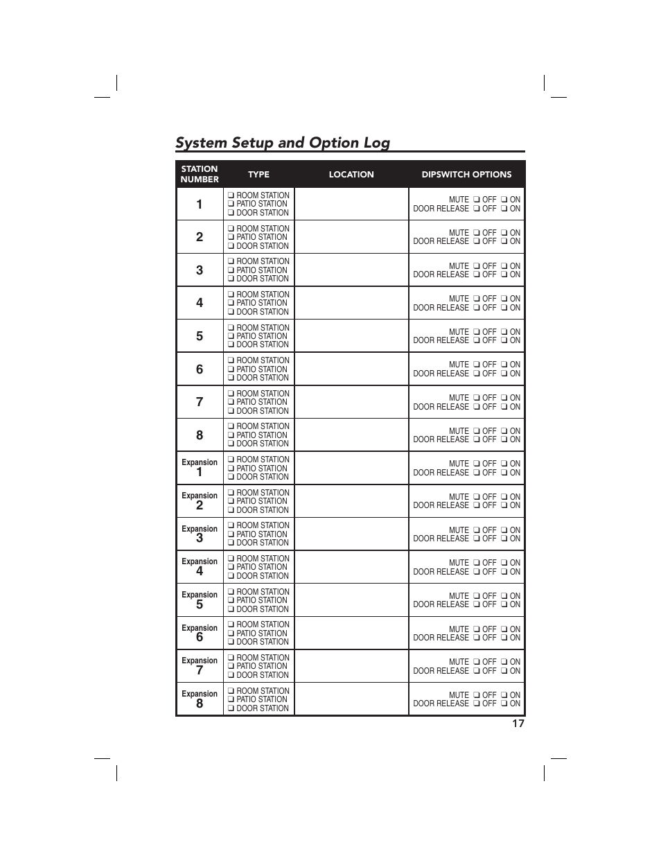 System setup and option log | Linear M&S DMC-10RS User Manual | Page 19 / 22