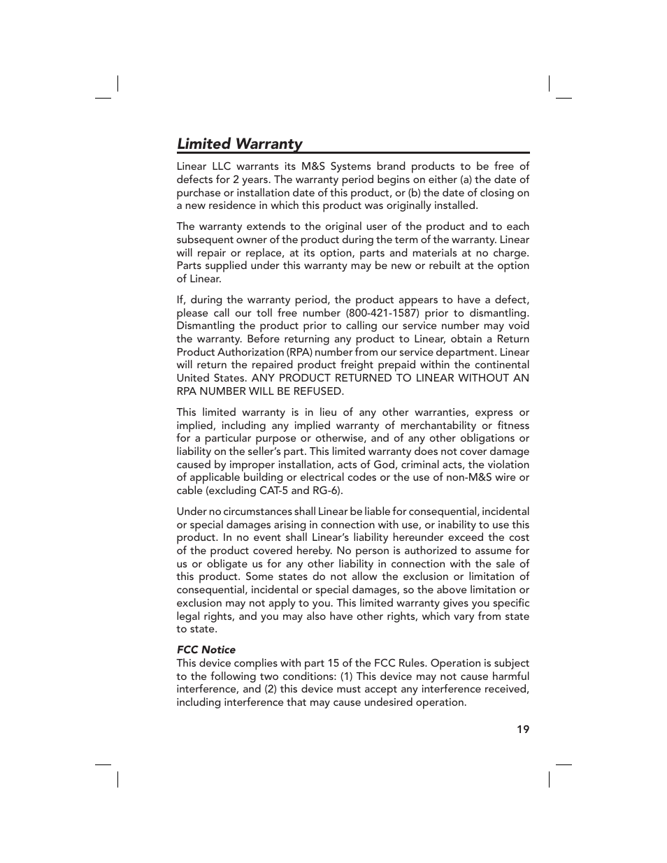 Limited warranty | Linear M&S DMC-10RS User Manual | Page 21 / 22