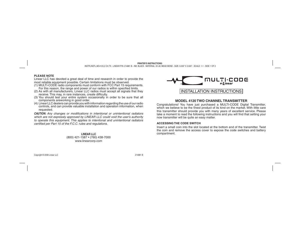 Linear 4120 User Manual | 2 pages