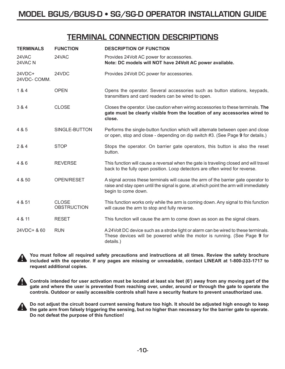 Terminal connection descriptions | Linear SG-D User Manual | Page 10 / 32