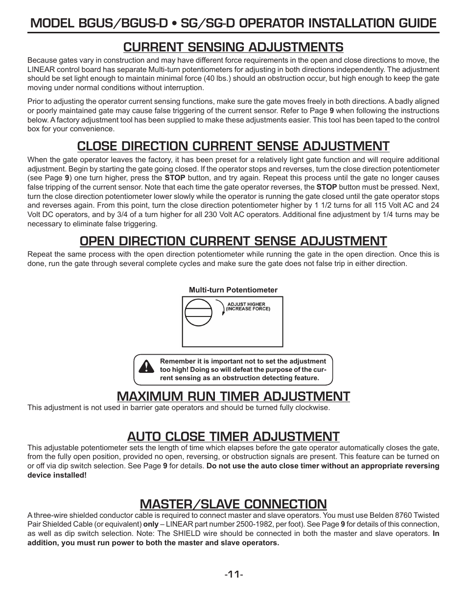 Current sensing adjustments, Close direction current sense adjustment, Open direction current sense adjustment | Maximum run timer adjustment, Auto close timer adjustment, Master/slave connection | Linear SG-D User Manual | Page 11 / 32