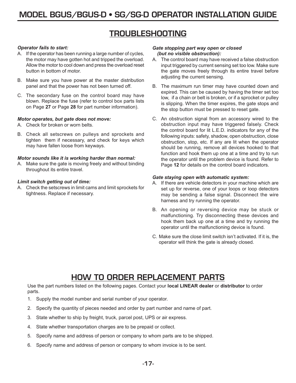 Troubleshooting, How to order replacement parts | Linear SG-D User Manual | Page 17 / 32