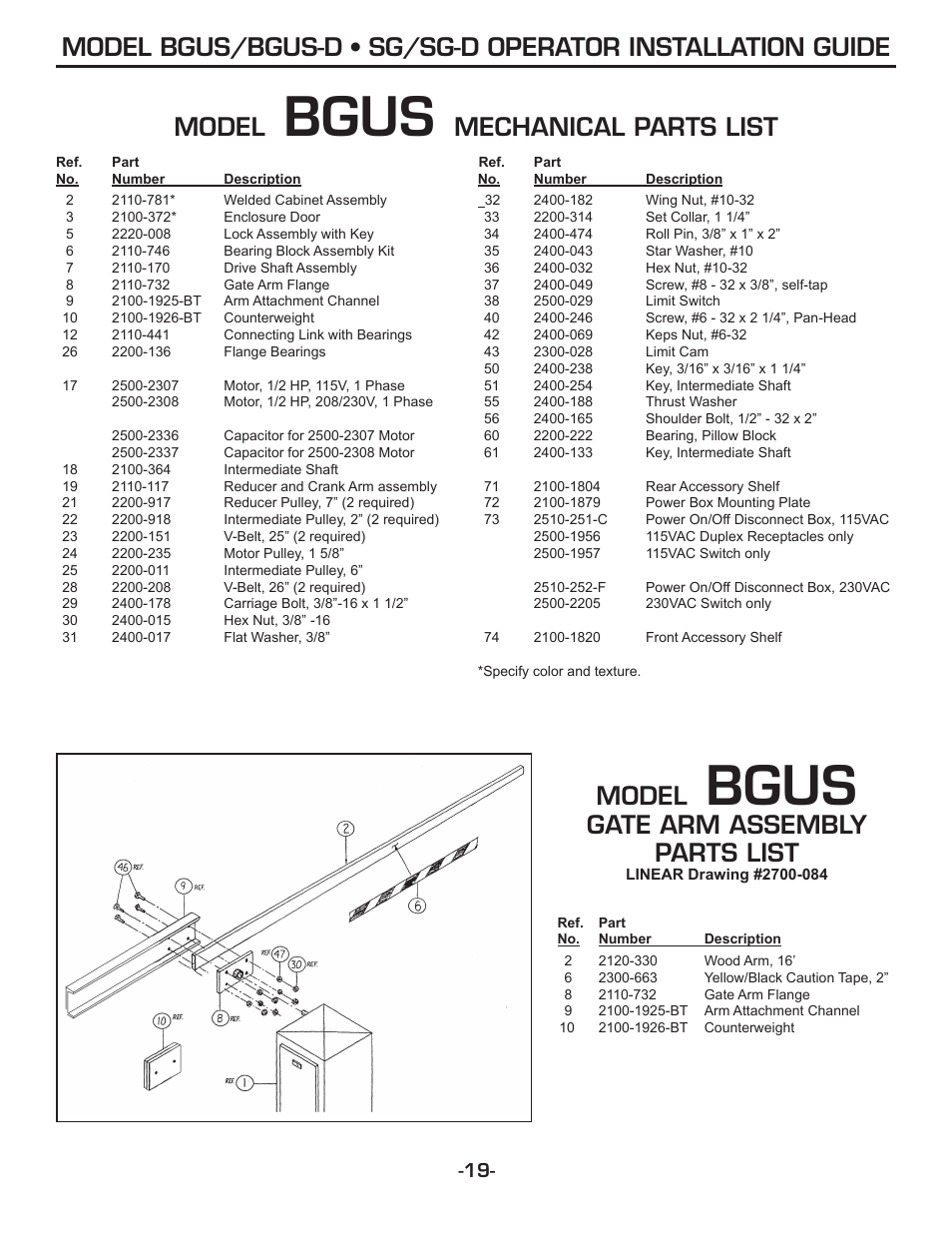 Bgus, Model, Mechanical parts list | Gate arm assembly parts list | Linear SG-D User Manual | Page 19 / 32