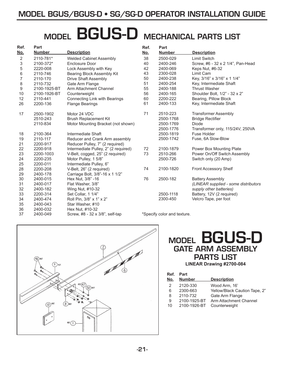 Bgus-d, Model, Mechanical parts list | Gate arm assembly parts list | Linear SG-D User Manual | Page 21 / 32