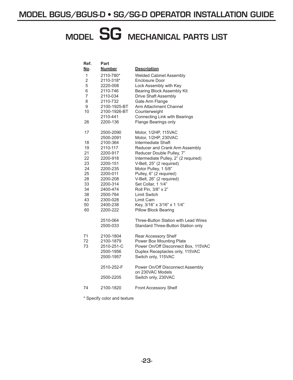 Model, Mechanical parts list | Linear SG-D User Manual | Page 23 / 32