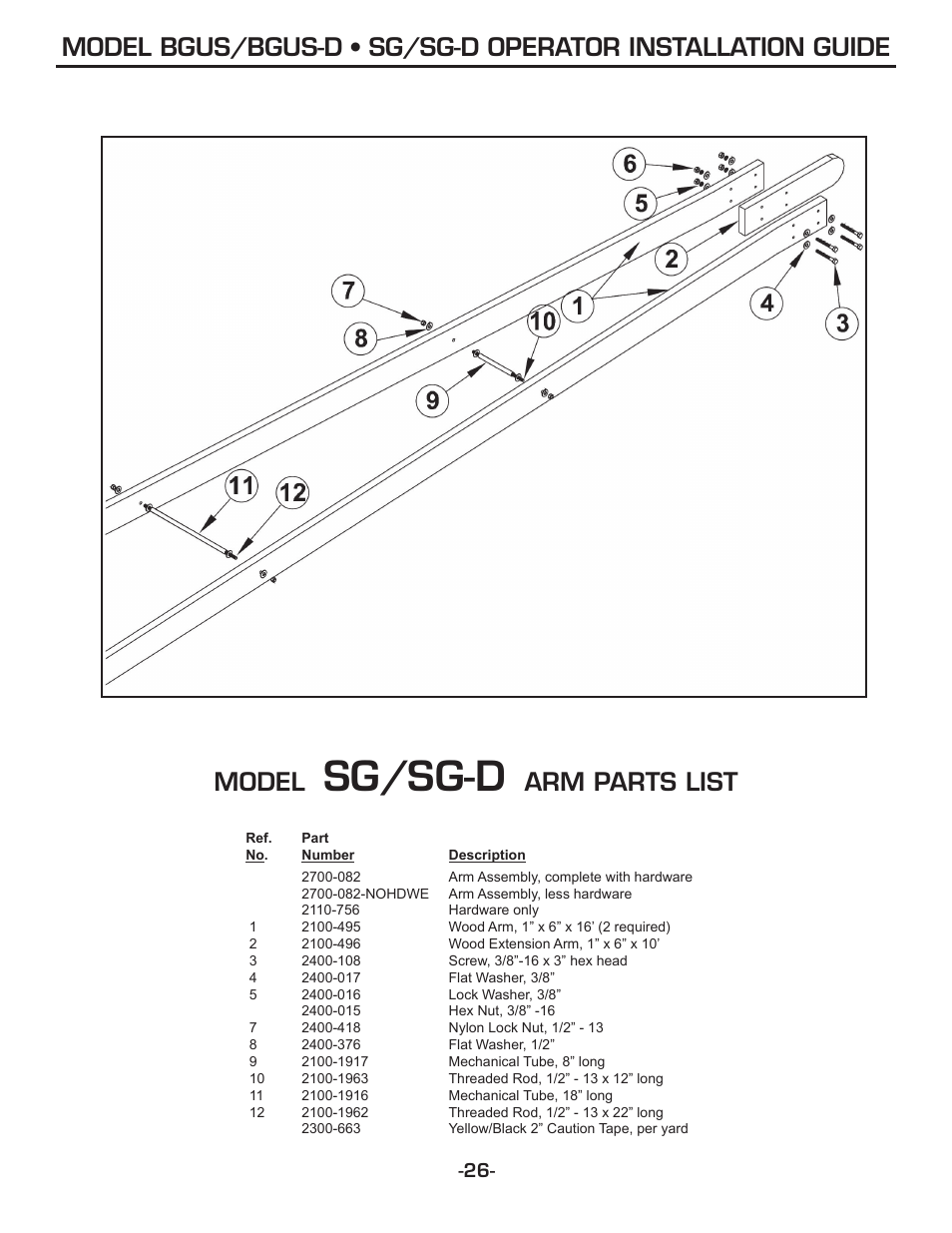 Sg/sg-d, Model, Arm parts list | Linear SG-D User Manual | Page 26 / 32