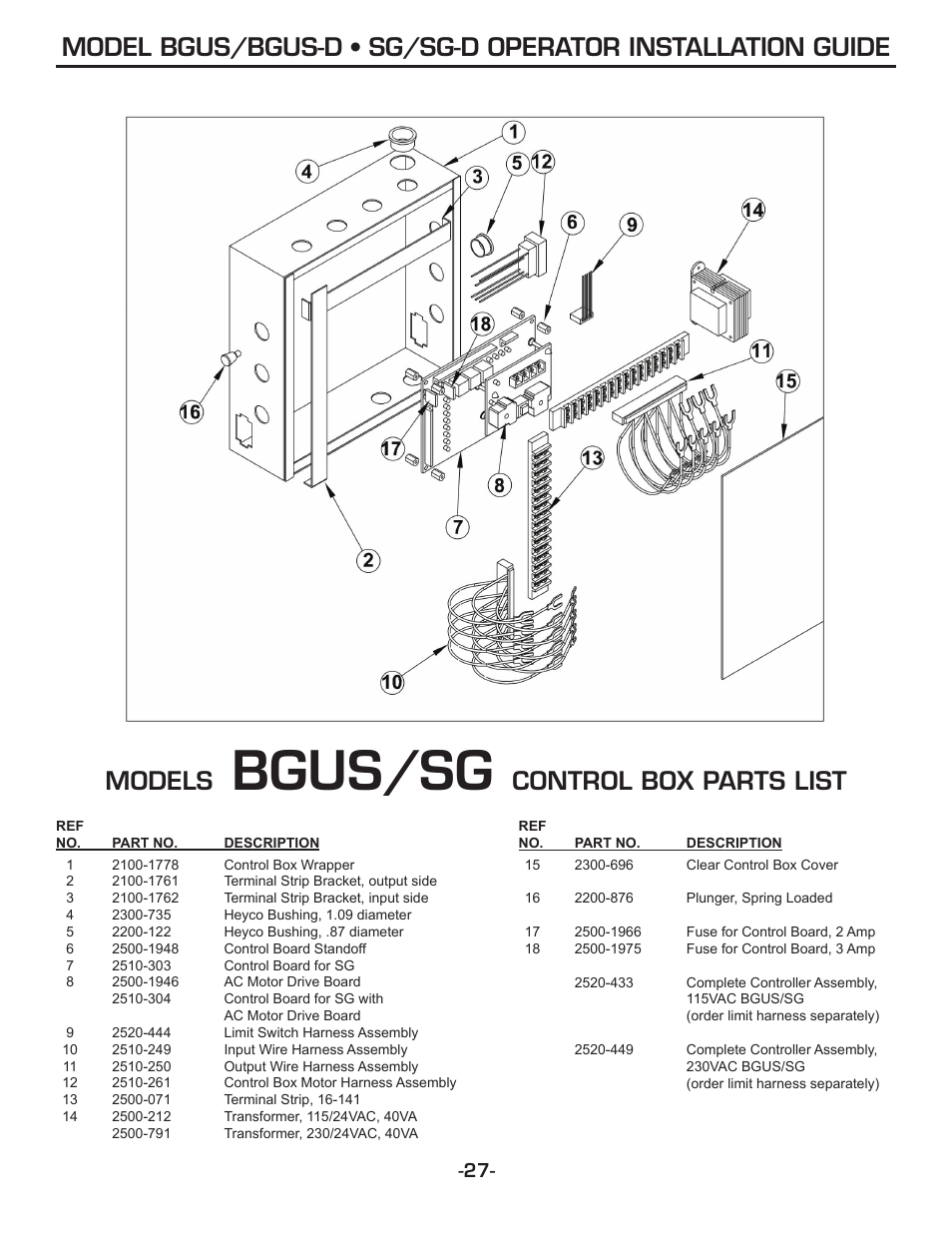 Bgus/sg, Models, Control box parts list | Linear SG-D User Manual | Page 27 / 32