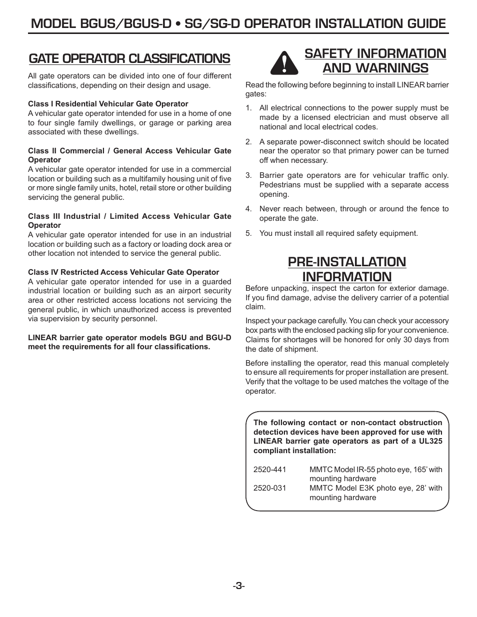 Gate operator classifications, Pre-installation information, Safety information and warnings | Linear SG-D User Manual | Page 3 / 32