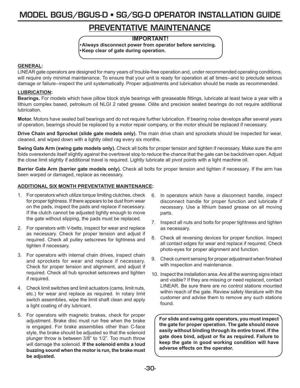 Preventative maintenance | Linear SG-D User Manual | Page 30 / 32