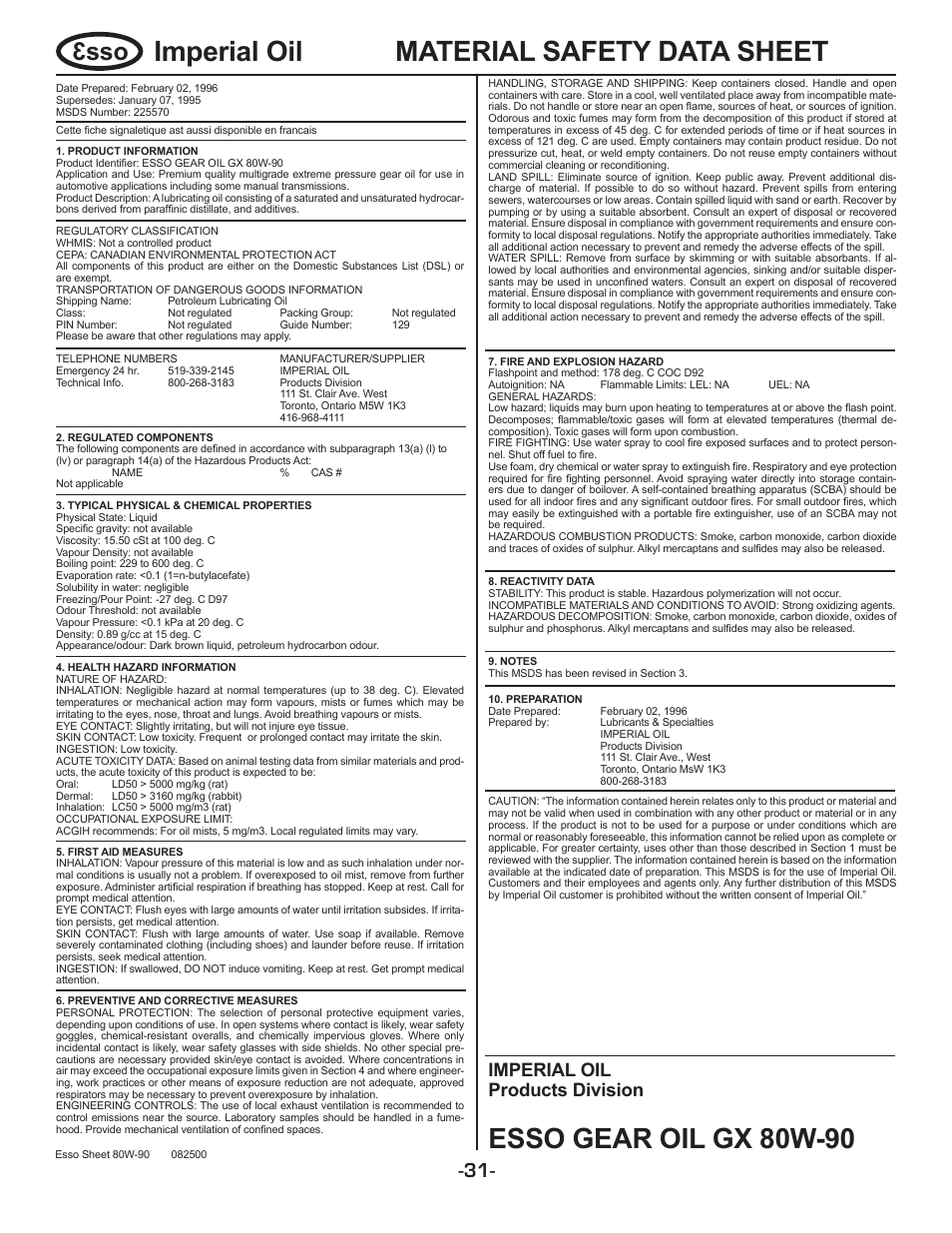 Imperial oil material safety data sheet, Esso gear oil gx 80w-90, Sso 3 | Imperial oil products division | Linear SG-D User Manual | Page 31 / 32