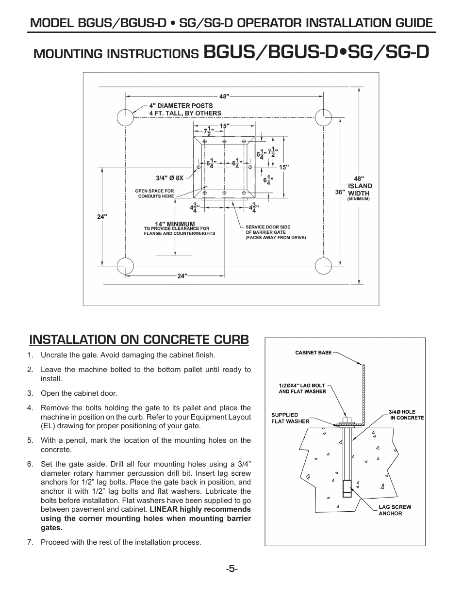 Bgus/bgus-d•sg/sg-d, Mounting instructions, Installation on concrete curb | Linear SG-D User Manual | Page 5 / 32