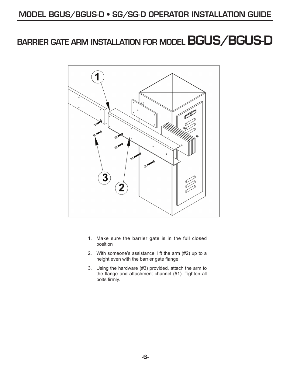 Bgus/bgus-d, Barrier gate arm installation for model | Linear SG-D User Manual | Page 6 / 32