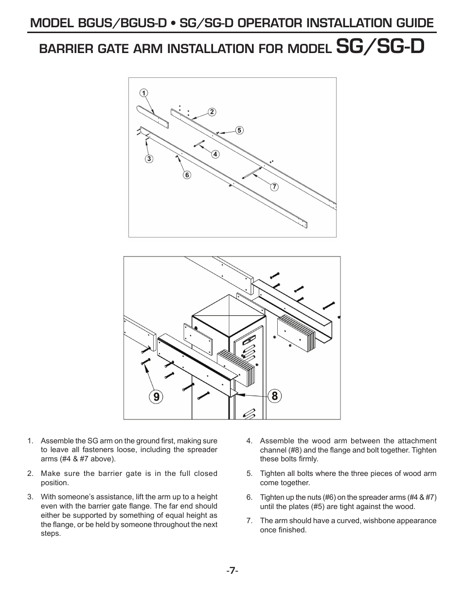 Sg/sg-d, Barrier gate arm installation for model | Linear SG-D User Manual | Page 7 / 32
