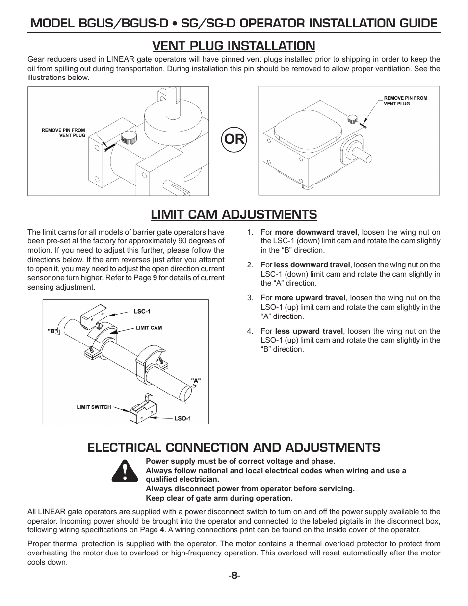 Electrical connection and adjustments, Vent plug installation, Limit cam adjustments | Linear SG-D User Manual | Page 8 / 32