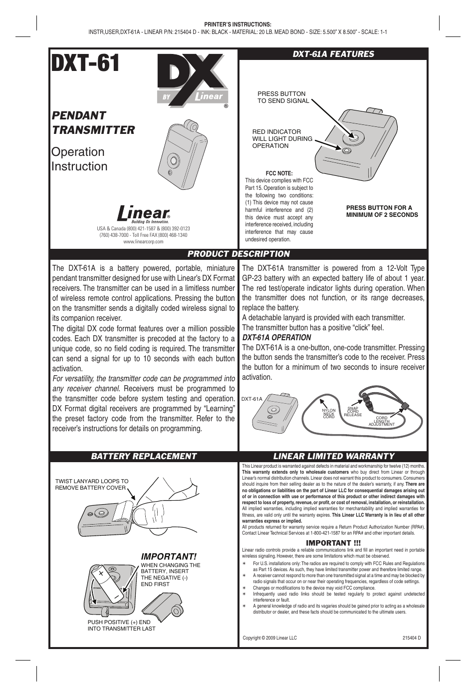 Linear DXT-61 User Manual | 1 page