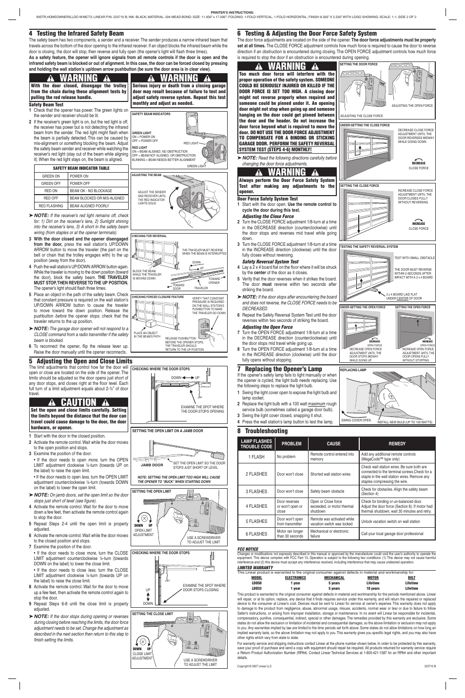 Caution, Warning, 6 testing & adjusting the door force safety system | 7 replacing the opener’s lamp, 8 troubleshooting, 4 testing the infrared safety beam, 5 adjusting the open and close limits | Linear LD 033 User Manual | Page 2 / 2