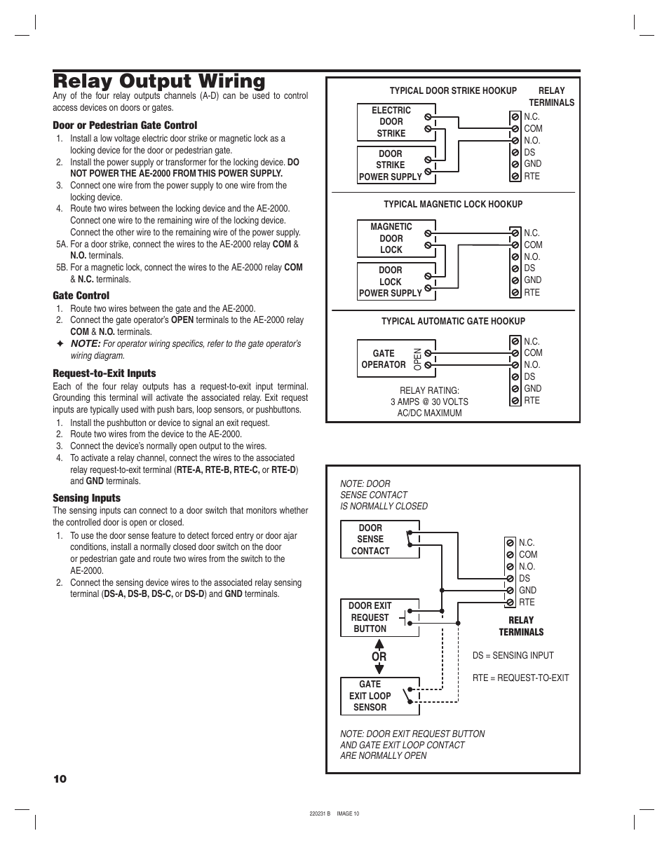 Relay output wiring | Linear AE-2000 User Manual | Page 10 / 20