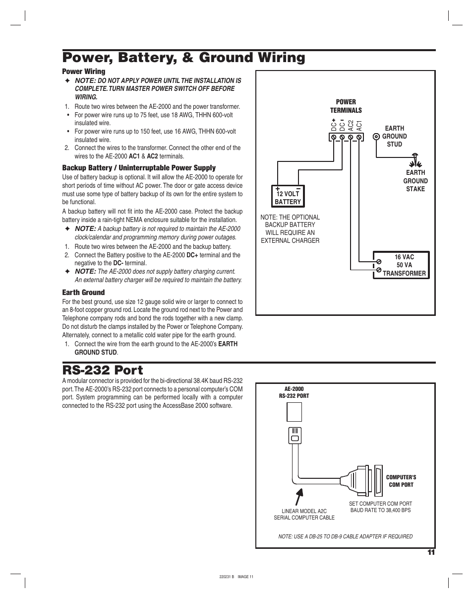 Power, battery, & ground wiring, Rs-232 port | Linear AE-2000 User Manual | Page 11 / 20