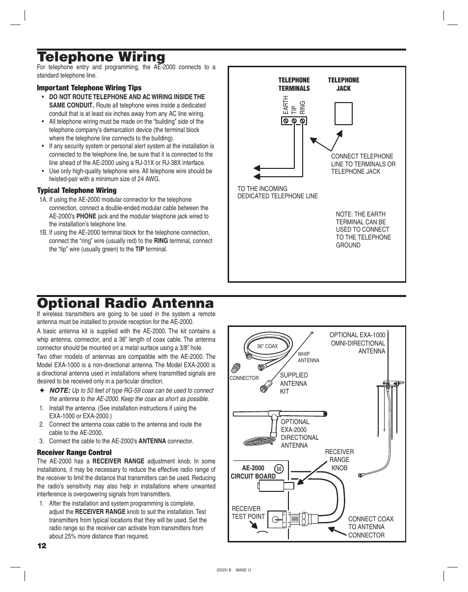 Telephone wiring, Optional radio antenna | Linear AE-2000 User Manual | Page 12 / 20