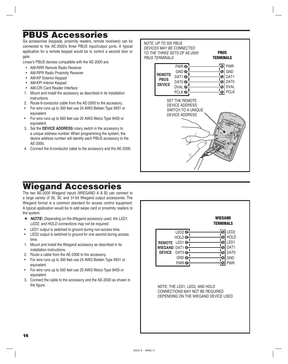 Pbus accessories, Wiegand accessories | Linear AE-2000 User Manual | Page 14 / 20