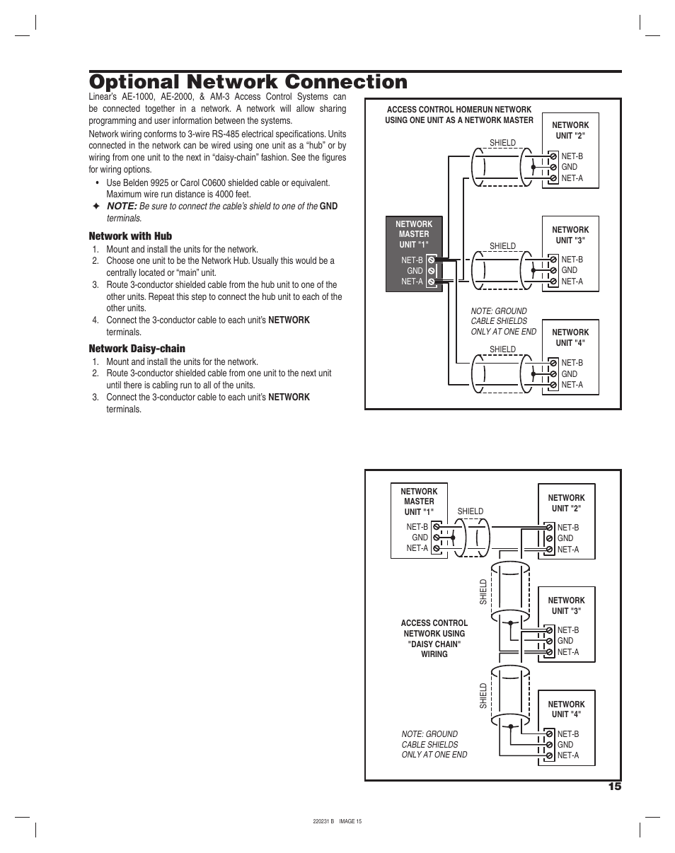 Optional network connection, Network with hub, Network daisy-chain | Linear AE-2000 User Manual | Page 15 / 20